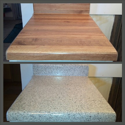 Close-up of a Butcher Block kitchen countertop refinished in MultiSpec to give a granite look!